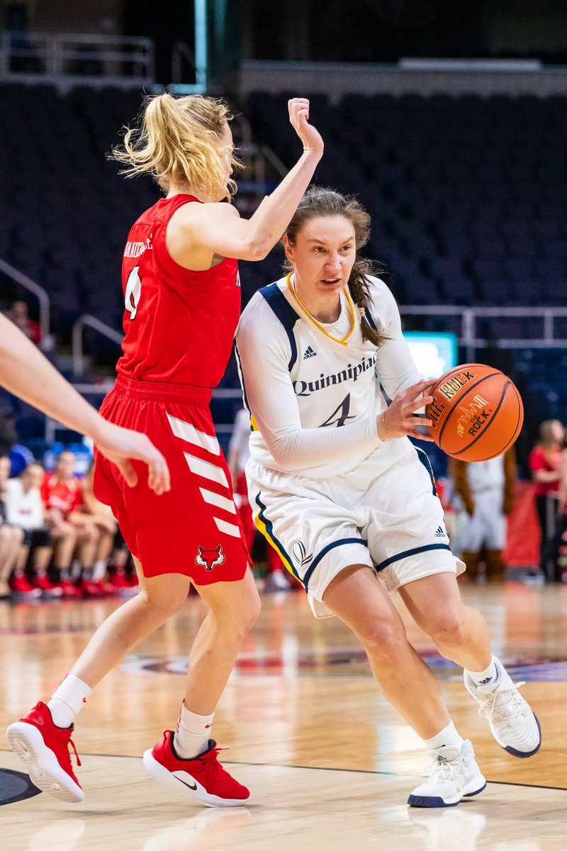 QU_WBB's tweet photo. It's only fitting that we kick off our new weekly feature #WinWednesday with our most notable win of the season. 

We defeated Marist, 81-51, on March 11 to clinch our third straight MAAC Championship. These four players combined for 69 points on 52% shooting in the win. https://t.co/AvVe2gf17g