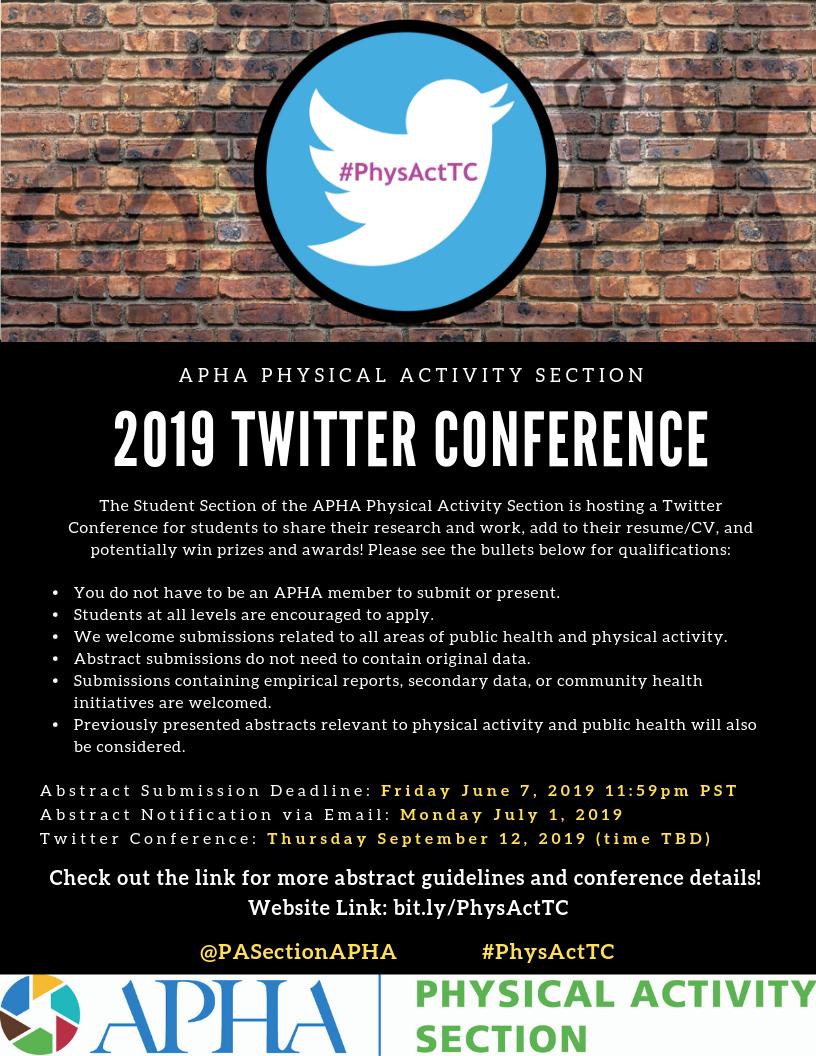 DEADLINE EXTENDED TO 6/7! Please share this exciting opportunity with students. The American Public Health Association <a href="/PaSectionAPHA/">APHA PA Section</a> is hosting a Twitter Conference on public health &amp; physical activity that is open to all students! <a href="/PublicHealth/">APHA</a> <a href="/firstphdchat/">#phdchat</a> #phdchat #PhysActTC
