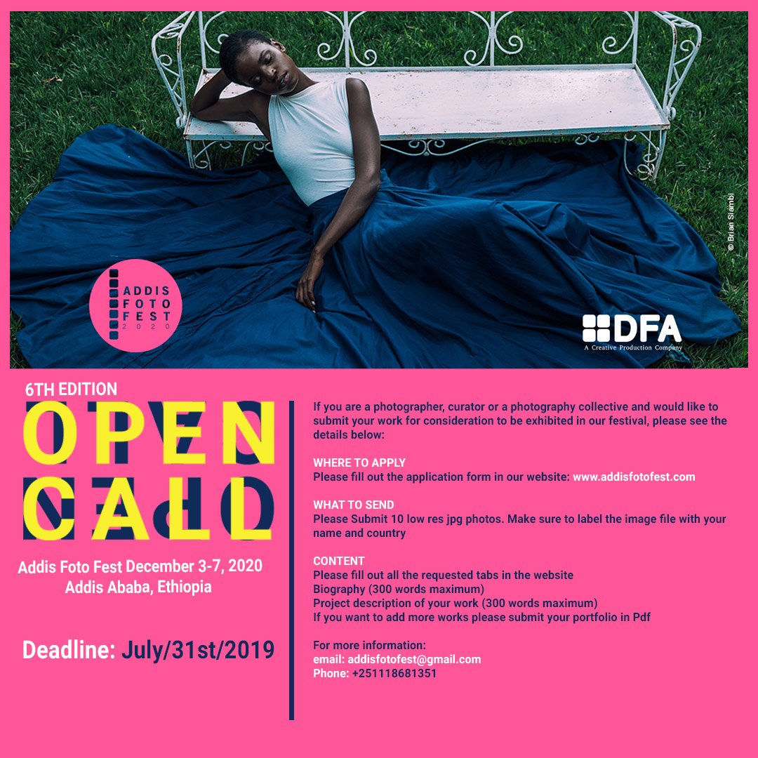 DFAPLC's tweet photo. The sixth edition of the Addis Foto Fest open call is now accepting submissions!
check our website; https://t.co/UYPmH1mIDJ
#addisfotofes #AFF2020 #PhotographyArt #photofestival #AddisAbaba #Ethiopia #photographer #digitalphotography  #photographypower #artist #exhibition https://t.co/rQVIOzuMig