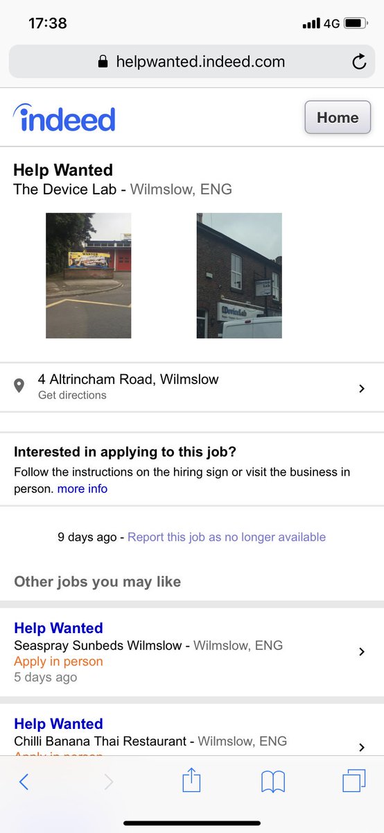 MrsTsixtysix's tweet image. @indeed #jobspotter someone has taken one advert and applied it to several premises in Wilmslow