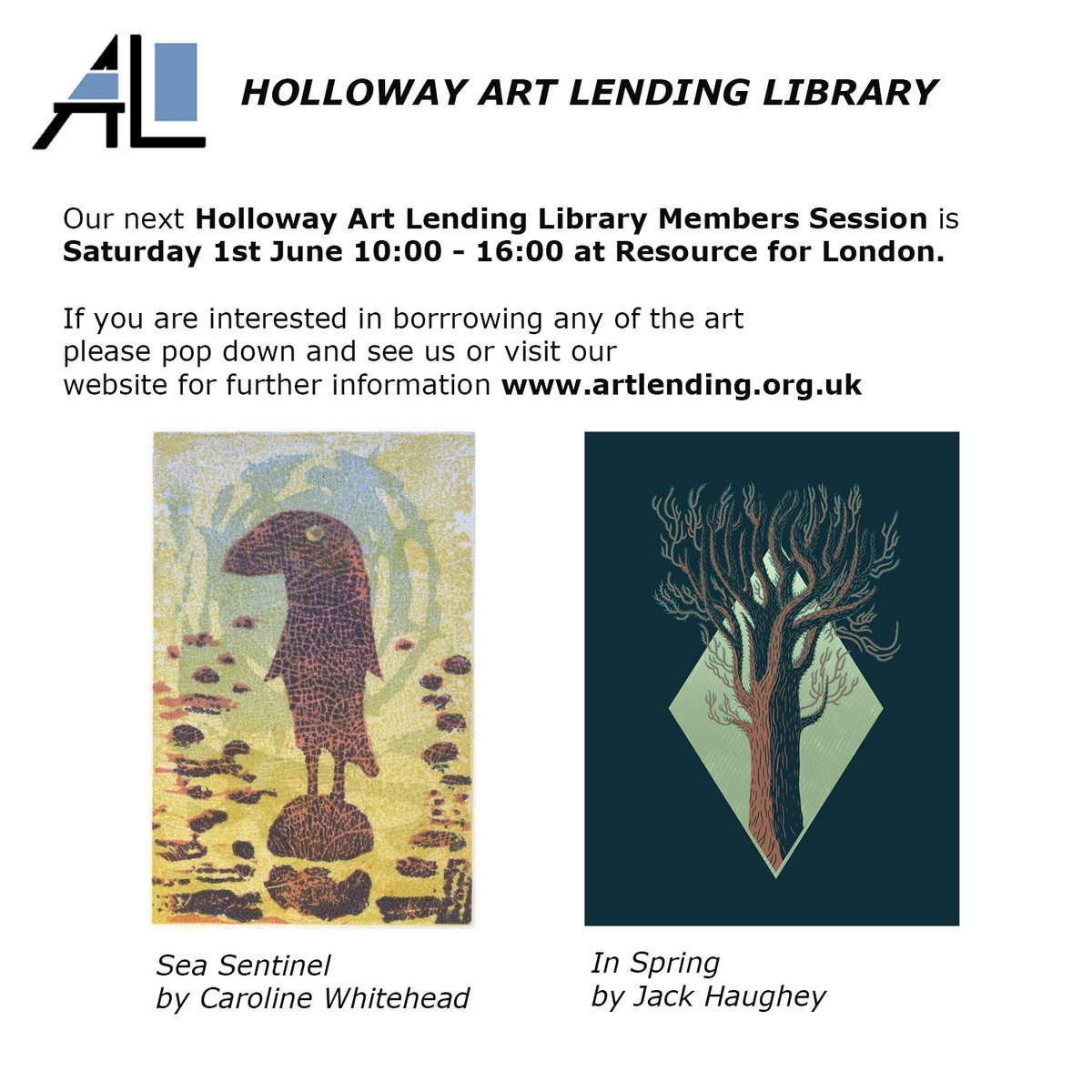 Next Members Session Saturday 1st June 10:00 - 16:00 at Resource for London, Holloway Road.
Please do pop down and see us, have a chat and see some of the wonderful pieces of art that we have available to borrow. For further info please see artlending.org.uk