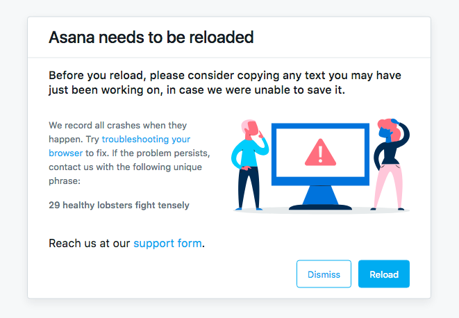 Verv2016's tweet photo. @FlannelToLace @asana Yep, just got that notice. It also redirects you to the same page when you click "Reload". @asana , I expect this is something your support team will need to address? Please keep us posted. https://t.co/CtNDrQEIN5