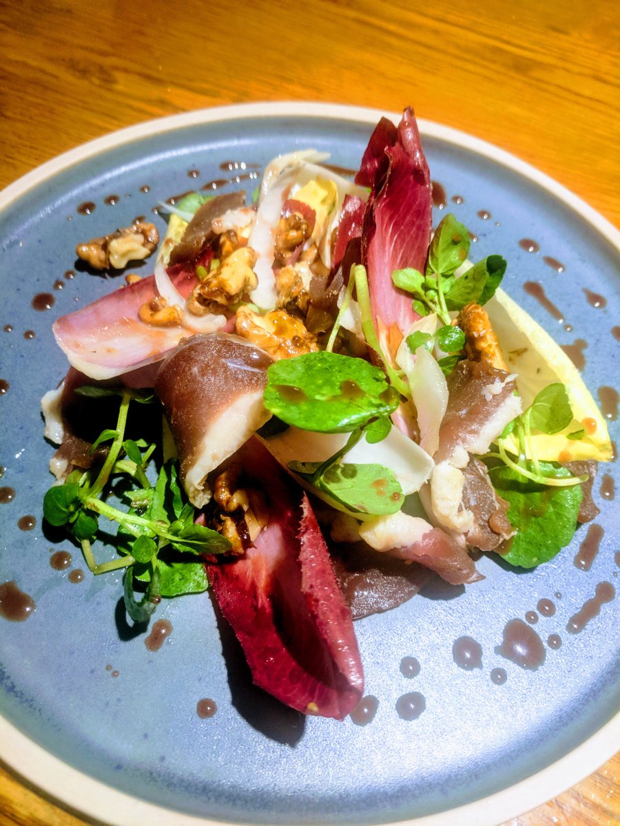 House-cured "duck ham" with chicory, candied walnuts &amp; red wine glaze on the starters this week from <a href="/HenriksenJack/">Jack Henriksen</a>  #Northumberland #pubs