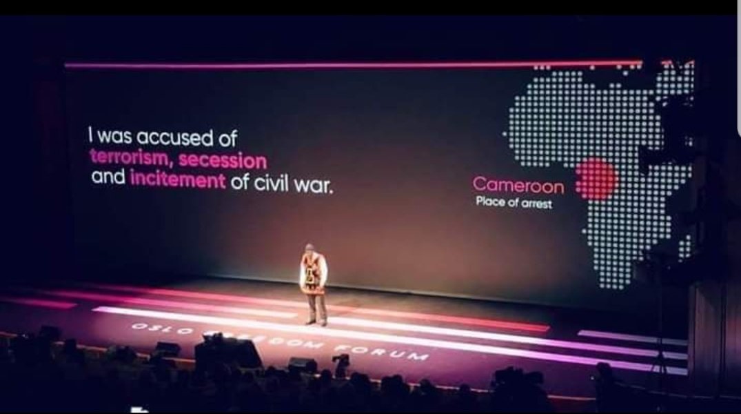 MimiMefoInfo's tweet photo. "I will continue to speak truth to power. My wish is that the situation in Cameroon be seen for what it is: unacceptable. Starting today, let us rise up against tyranny and dictatorship.Let us, together, leave the world a better place."Agbor Nkongho Felix speaking in Oslo, Norway https://t.co/j2JcflRFM9