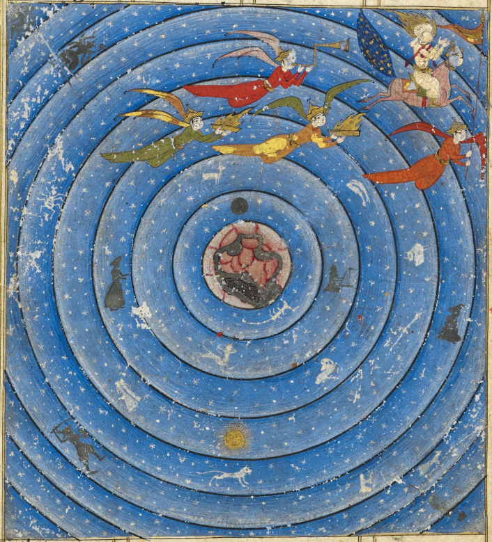 A depiction of Muhammad's 'night journey,' mounted on Burāq and accompanied by angels, traversing the heavens, here shown with all the signs of the zodiac. From a 1665-7 Safavid copy of the Khamsah of Niẓāmī, illustrations by the Turkoman artist Ṭālib Lālā (BL Add MS 6613):