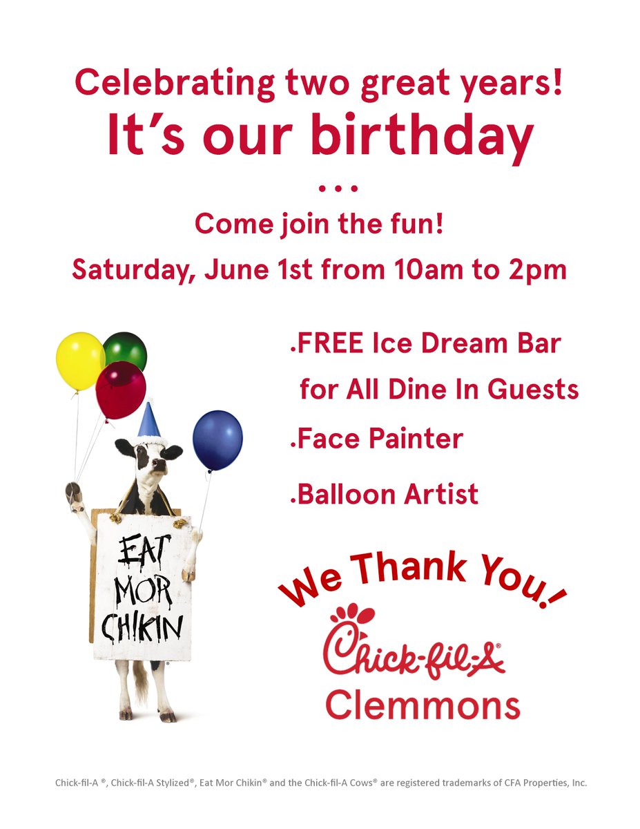 cfaclemmons's tweet photo. See you Saturday for our Birthday Celebration! https://t.co/ap0XvRrwi5