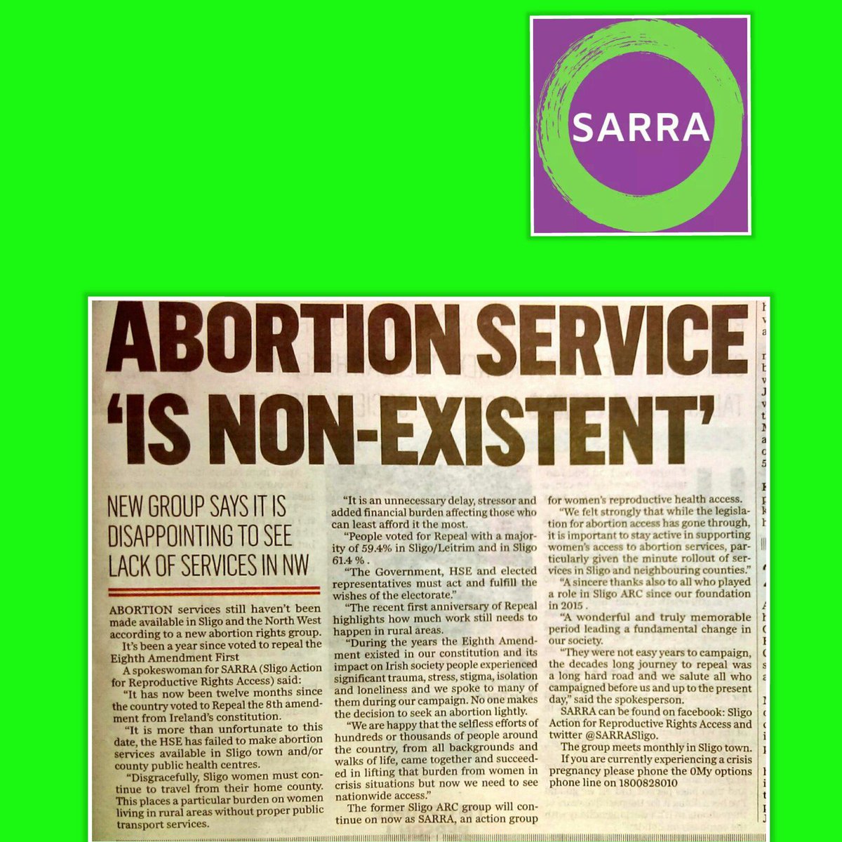 While local politicians celebrate #LE19 Local #prochoice activists <a href="/SARRASligo/">S.A.R.R.A</a> talk to <a href="/SligoChampion/">The Sligo Champion</a> &amp; <a href="/OceanFmIreland/">OceanFM Ireland</a>  of the reality for women living in Northwest Ireland since #Repeal #Repealedth8th  #FreeSafeLegalLocal #abortion #ReproRights #Sligo
oceanfm.ie/2019/05/24/sli…