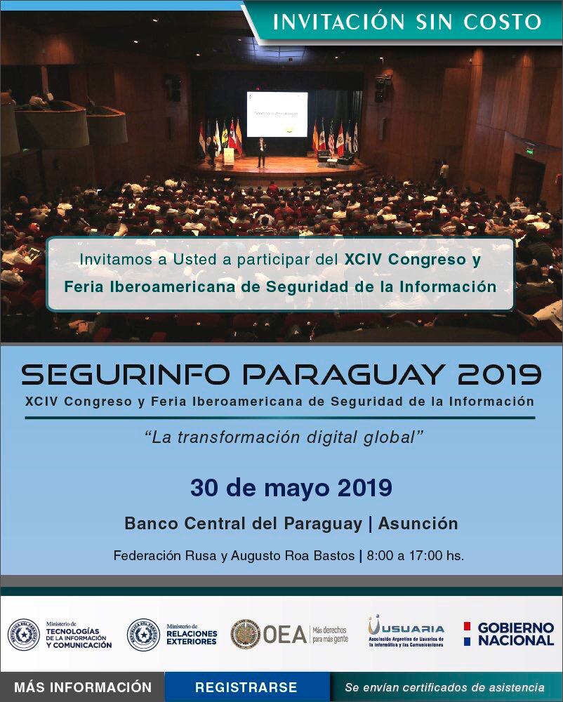 CERTpy's tweet photo. Ya te inscribiste a SEGURINFO Paraguay 2019? Todavía hay tiempo, a las 14:00 se cierran las inscripciones! #SegurinfoPy2019
🗳️Inscripciones: https://t.co/Mz77srKxvd
🗒️Agenda: https://t.co/BBUDqjcezc https://t.co/oNTWmGMzTi