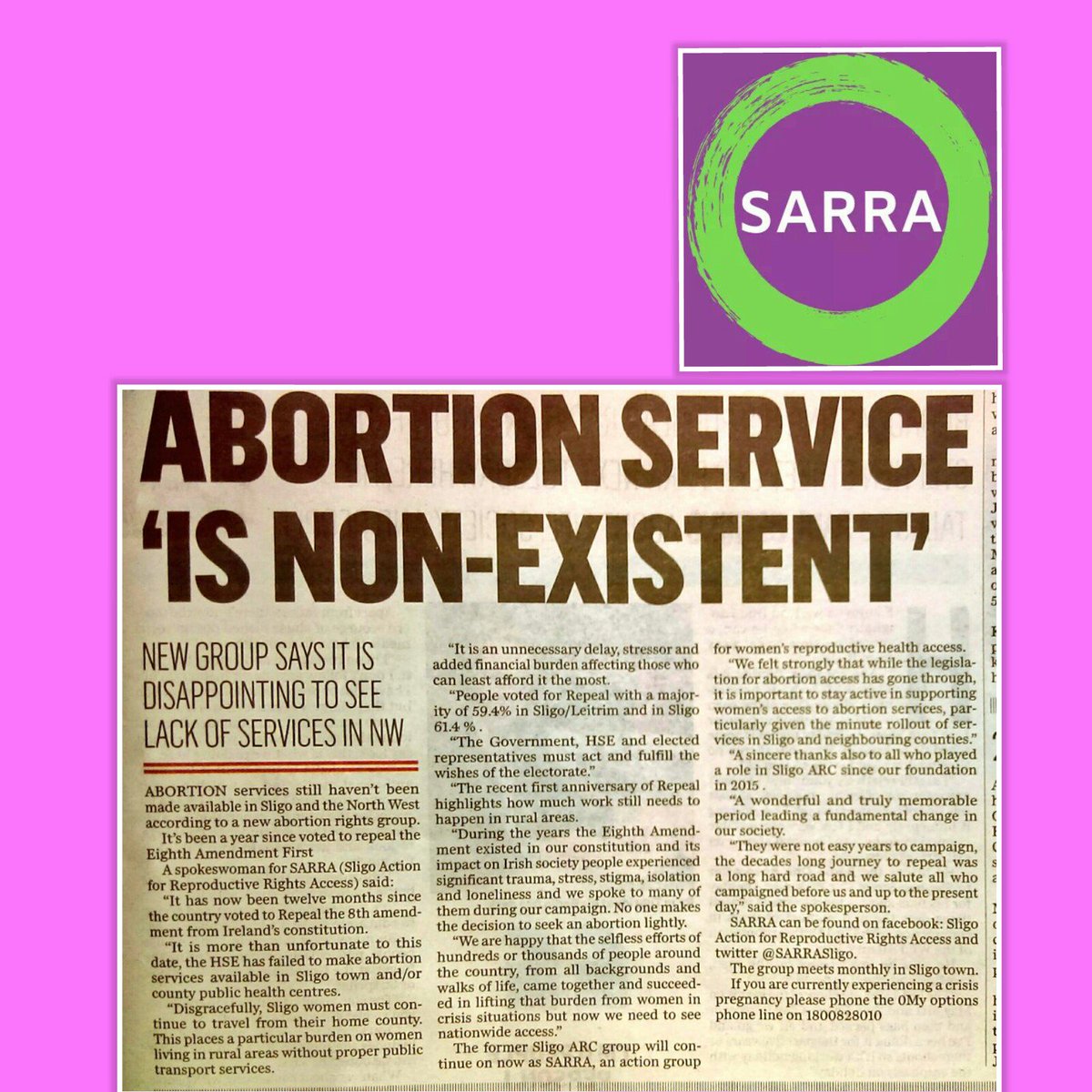 While local politicians celebrate #LE19 Local #prochoice activists <a href="/SARRASligo/">S.A.R.R.A</a> talk to <a href="/SligoChampion/">The Sligo Champion</a> &amp; <a href="/OceanFmIreland/">OceanFM Ireland</a>  of the reality for women living in Northwest Ireland since #Repeal #Repealedth8th  #FreeSafeLegalLocal #abortion #ReproRights #Sligo
oceanfm.ie/2019/05/24/sli…