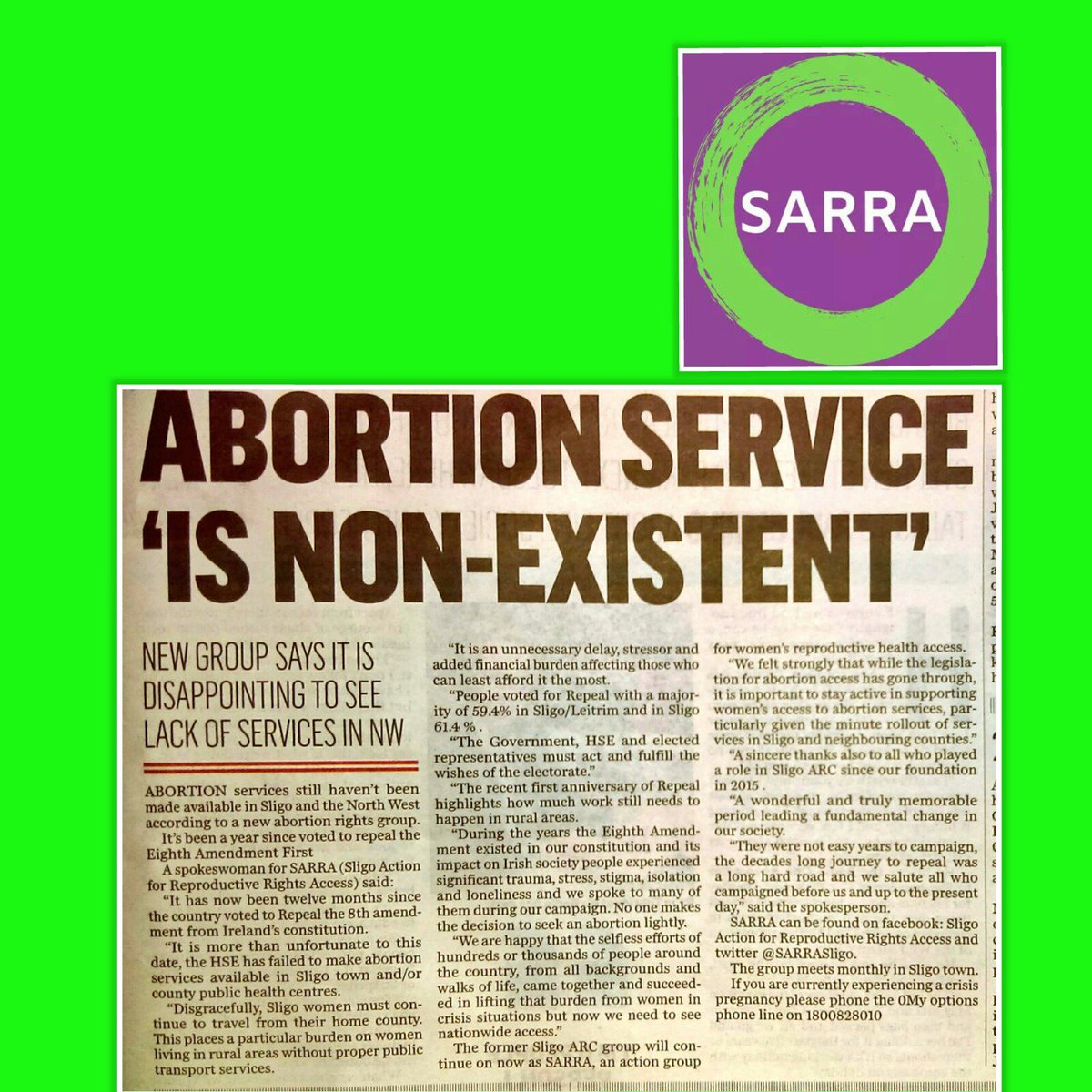 S.A.R.R.A (@sarrasligo) on Twitter photo While local politicians celebrate #LE19 Local #prochoice activists <a href="/SARRASligo/">S.A.R.R.A</a> talk to <a href="/SligoChampion/">The Sligo Champion</a> & <a href="/OceanFmIreland/">OceanFM Ireland</a> of the reality for women living in Northwest Ireland since #Repeal #Repealedth8th #FreeSafeLegalLocal #abortion #ReproRights #Sligo
oceanfm.ie/2019/05/24/sli… While local politicians celebrate #LE19 Local #prochoice activists <a href="/SARRASligo/">S.A.R.R.A</a> talk to <a href="/SligoChampion/">The Sligo Champion</a> & <a href="/OceanFmIreland/">OceanFM Ireland</a> of the reality for women living in Northwest Ireland since #Repeal #Repealedth8th #FreeSafeLegalLocal #abortion #ReproRights #Sligo
oceanfm.ie/2019/05/24/sli…