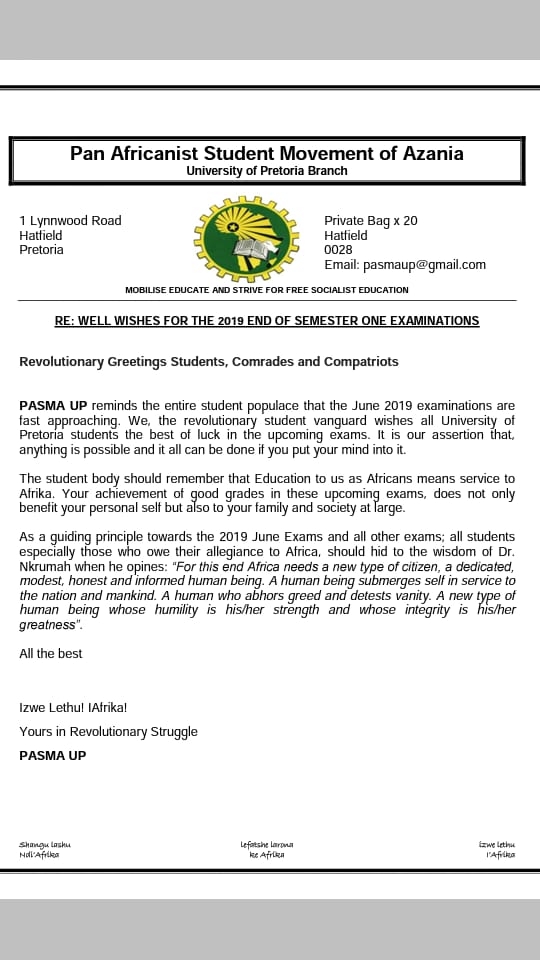 Wishing the students of <a href="/UPTuks/">University of Pretoria</a> the best of luck during  their June Exams. <a href="/Odeeka1/">Thand'Olwethu Dlanga</a> @EFFSCUP <a href="/DASO_UP/">DASO UP</a> <a href="/SASCOUPBRANCH/">SASCO UP</a> <a href="/UP_SRC/">UP SRC</a> @UP_LAWHOUSE