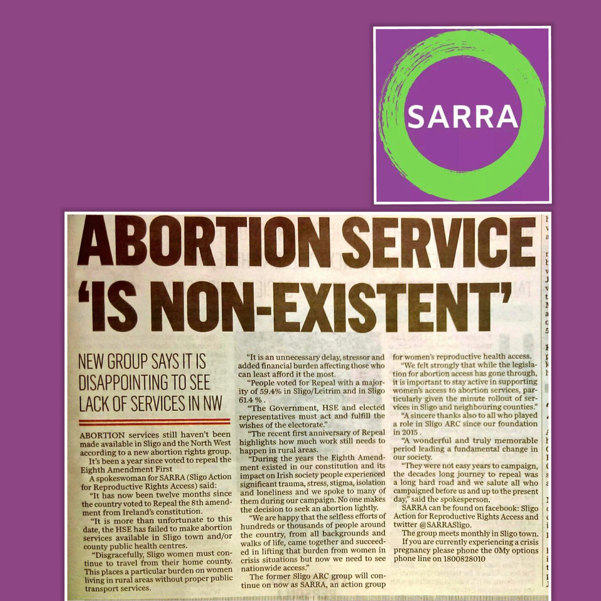 While local politicians celebrate #LE19 Local #prochoice activists <a href="/SARRASligo/">S.A.R.R.A</a> talk to <a href="/SligoChampion/">The Sligo Champion</a> &amp; <a href="/OceanFmIreland/">OceanFM Ireland</a>  of the reality for women living in Northwest Ireland since #Repeal #Repealedth8th  #FreeSafeLegalLocal #abortion #ReproRights #Sligo
oceanfm.ie/2019/05/24/sli…