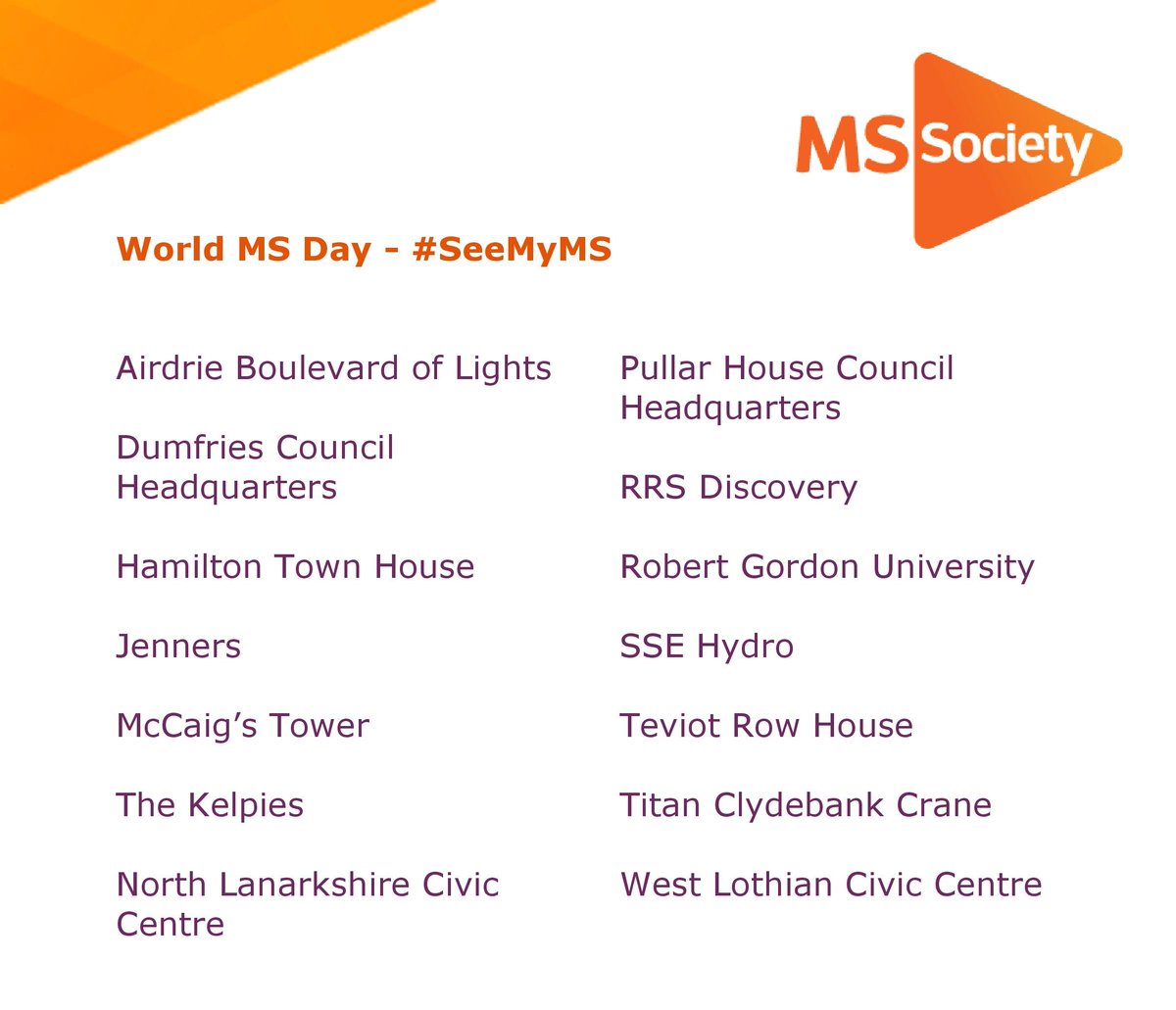 mssocietyscot's tweet photo. Tomorrow is #WorldMSDay.

We are highlighting the invisible symptoms of MS by turning the most famous sights in Scotland orange!

If you want to join us, grab a camera and get a selfie to help people #SeeMyMS when landmarks light up! https://t.co/qUXzVqdVca
