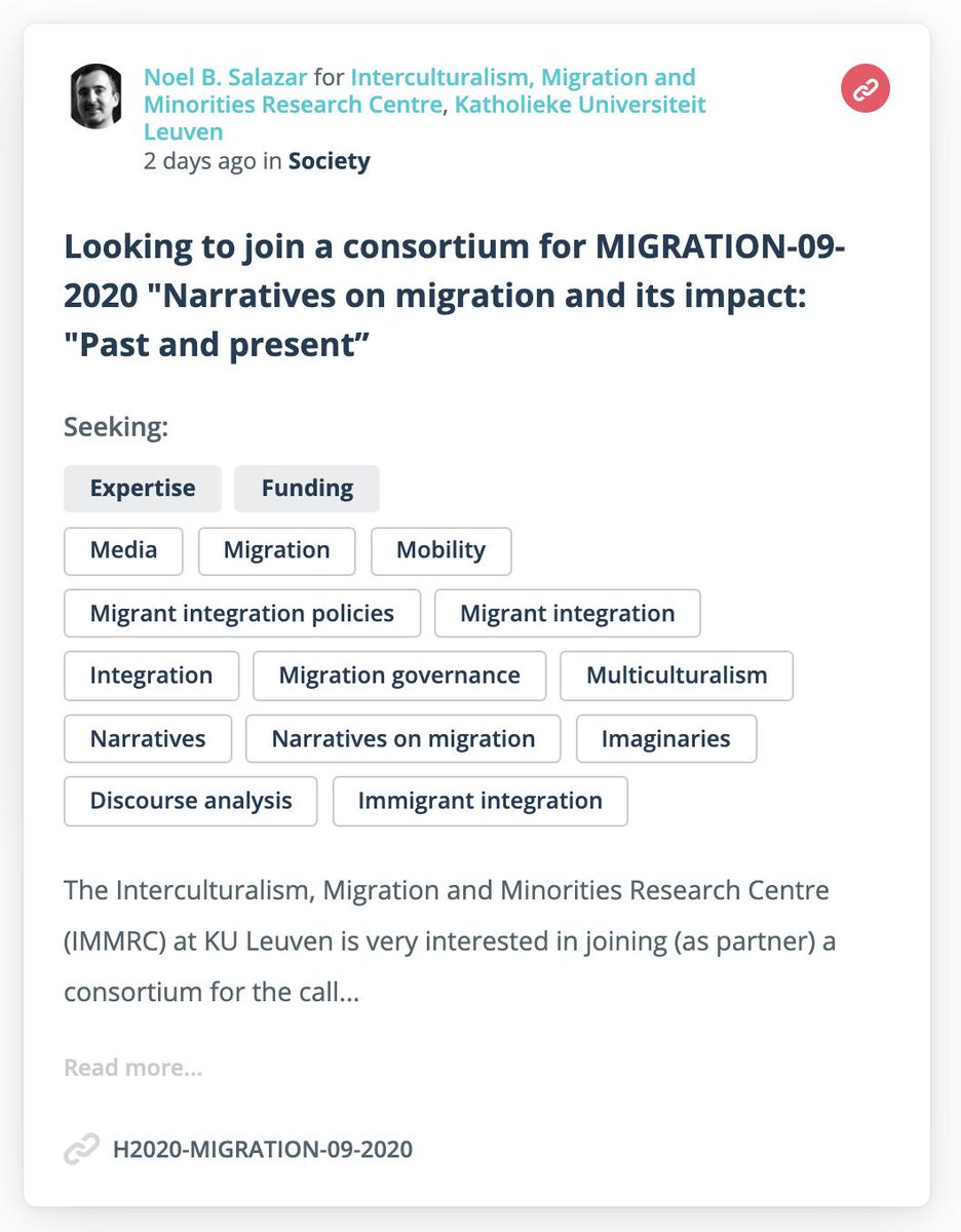 Crowdhelix's tweet image. The @KU_Leuven Interculturalism, Migration &amp;amp; Minorities Research Centre 🇧🇪 (@IMMRC_KULeuven) seeks collaborators for an upcoming #H2020 call for research into #migration narratives. Crowdhelix intends to form a consortium for this call - get in touch: crowdhelix.com/contact