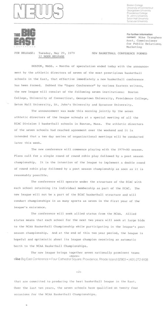 BIGEAST's tweet photo. FOR RELEASE: May 29, 1979

"Effective immediately a new basketball conference has been formed."

Check out the original @BIGEAST press announcement from 40 years ago today and share your favorite memory 👇

#BIGEAST40 | #BIGEASThoops https://t.co/AkKJZZ0Y5q