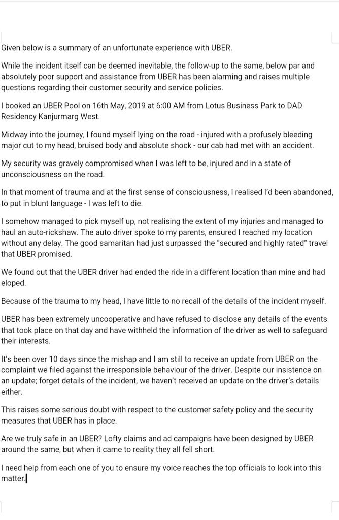 aditi_73's tweet photo. Need an answer on serious lapse of service from Uber.
Uber support didn't helped.
Incident description is attached below.
#nosafetyinuber 
@Uber @Uber_Support @travisk @dkhos @UberIndia @PMOIndia @smritiirani @MumbaiPolice @womensafety1st @rajnathsingh https://t.co/RQ5cRAd81l