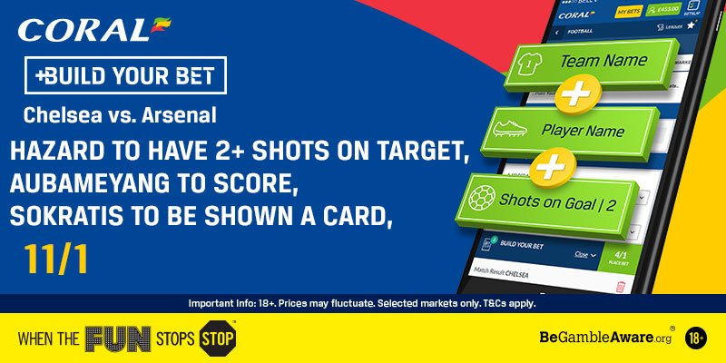 Coral's tweet photo. It's the Europa League Final in just 45 minutes time!
Fancy this #BuildYourBet ahead of the game?
✅Hazard to have 2+ shots on target
✅Aubameyang to score
✅Sokratis to be shown a card
11/1!
https://t.co/CKt8MsDiZg https://t.co/lF6GFKLa4v