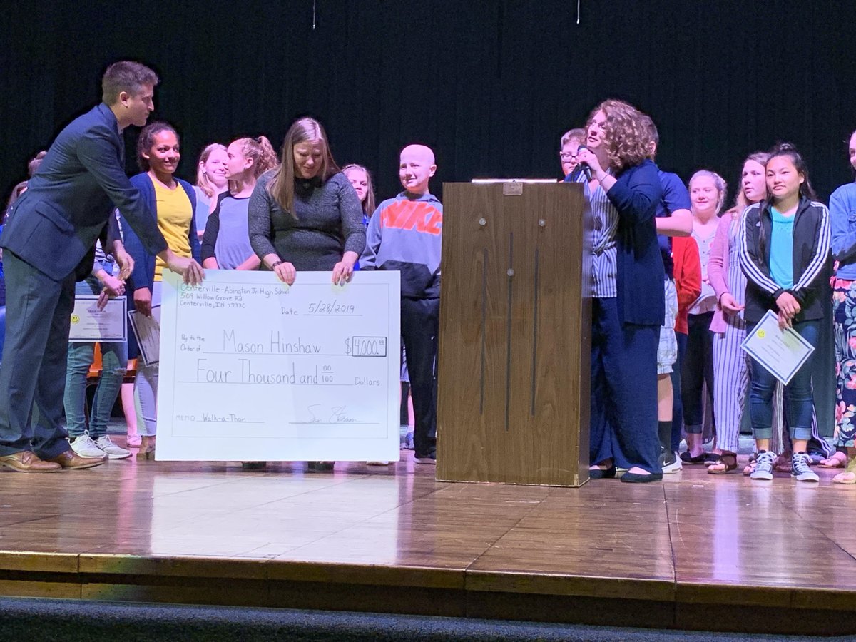 bulldogscjhs's tweet image. Our students and families are pretty cool. Thanks to Mrs. Thornburg and the Student Council's Walk-a-Thon, we were able to raise $4,000 for 8th Grade student Mason Hinshaw, who is battling leukemia, and his family. He surprised everyone by coming to the awards program.