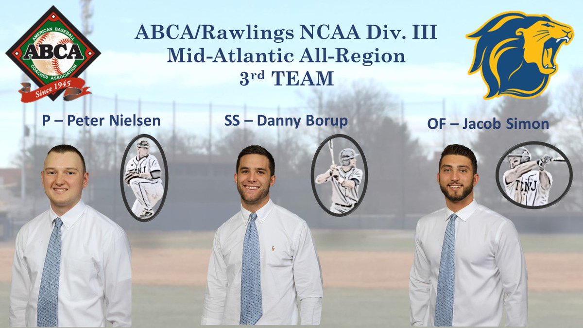 BASEBALLTCNJ's tweet photo. 3 Lions were named to the ABCA/Rawlings Mid-Atlantic All-Region 3rd Team - RHP Peter Nielsen, SS Danny Borup, &amp; OF Jacob Simon! Congratulations to all three players on this distinction! @ABCA1945 #AllRegion #LionPride https://t.co/OoblpqEsgv