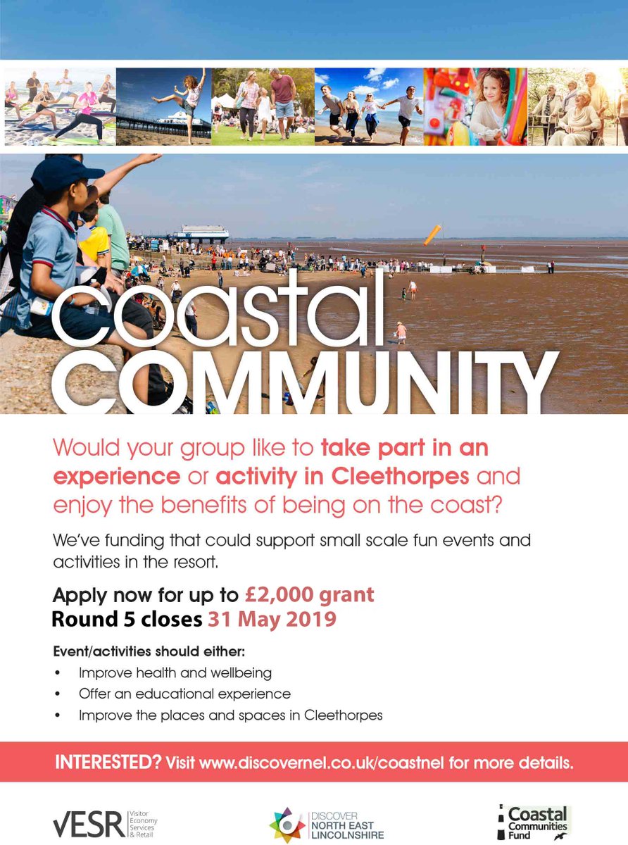 *Calling community groups* 
Funding opportunity CLOSES FRIDAY!
Would your community group like to arrange an event/activity in #Cleethorpes to try a new health &amp; wellbeing experience or improve a place or space?  Funding up to £2k. Closes 31st May. More at discovernel.co.uk/coastnel