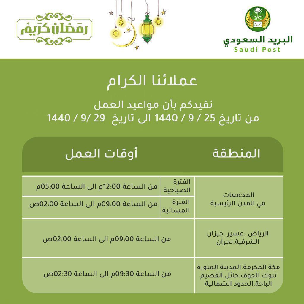 البريد السعودي On Twitter تسعد مؤسسة البريد السعودي بخدمتكم خلال اجازة شهر رمضان المبارك في عدد من مكاتبها في أنحاء المملكه