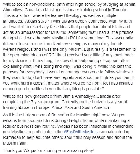 #WATNW (Where Are They Now Wednesday) Today we catch up with Waqas Khurshid (<a href="/therealwaqas/">Waqas Khurshid</a>) , RCI graduating class of 2012. Waqas has now graduated from Jamia Ahmadiyya Canada &amp; is continuing to train to become a Muslim missionary. 
-<a href="/Rileythero4/">Riley Thero</a>, Renfrew Collegiate Live