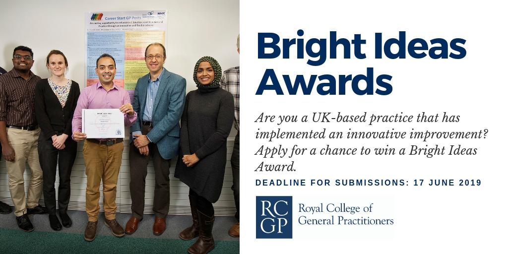 Our Bright Ideas Awards 2019 are open for submissions! Healthcare professionals are finding new ways of improving general practice. Share your ideas and help to spread change. Submit your Bright Idea now: bit.ly/2k5BZbo #RCGPBrightIdeas #Innovation #primarycare
