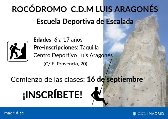 JMDHortaleza's tweet photo. 🔝Si tienes entre 6 y 17 años y te gusta escalar 🧗‍♂️🧗‍♀️, inscríbete ya en la nueva Escuela Deportiva de Escalada del CDM Luis Aragonés de #Hortaleza y practica en el #rocódromo del propio centro. 
Las clases comienzan en septiembre. 
¿A qué esperas? 💪💪
#escalada #deporte https://t.co/dnZP81SZ5d