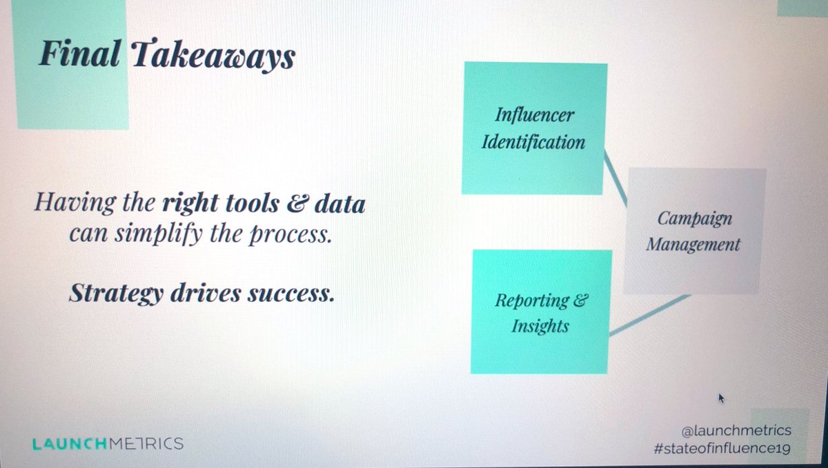 Launchmetrics's tweet photo. “Two takeaways: 1.) influencers are only one of the Voices you should activate. 2.) have the right tools and data to simplify the process. Being able to measure performance and being strategic is everything.” @AlisonBringe on #stateofinfluence19 webinar https://t.co/hByAixoY2I