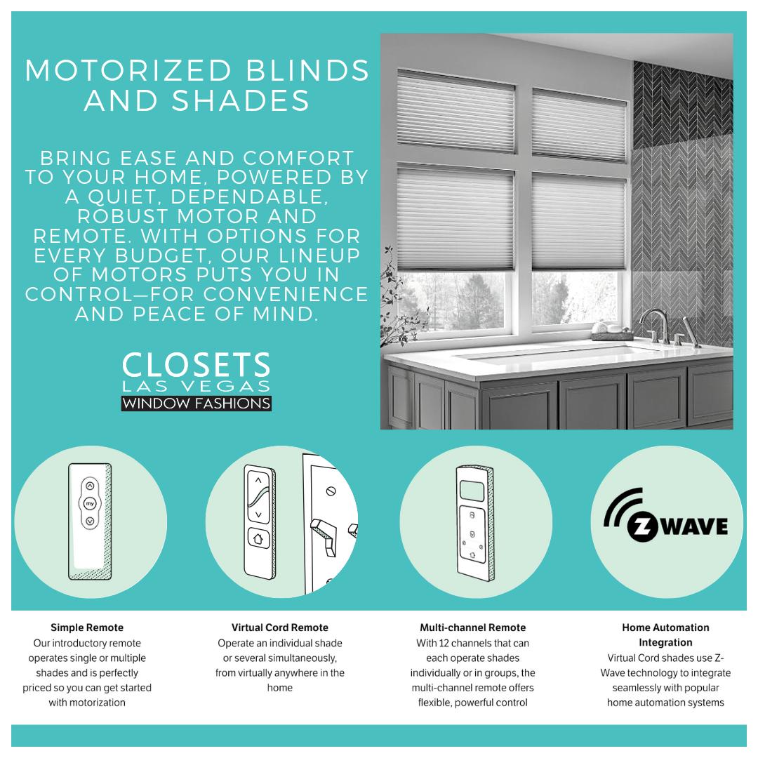 Motorization allows for easy, one-touch control of your shades, especially those hard-to-reach or large window coverings. Operate an individual shade or several simultaneously, from virtually anywhere in the home.
🖼
#closetslasvegas #clv #windowwednesday #getorganized #window