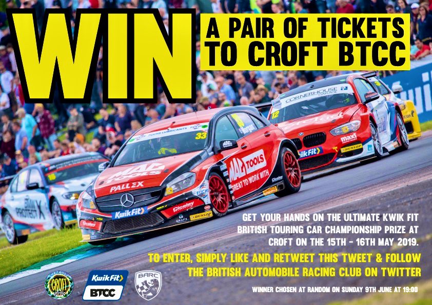 WIN <a href="/BTCC/">BTCC</a> TICKETS TO <a href="/Croft_Circuit/">Croft Circuit</a> 💥

It’s competition time again and we’ve got a pair of weekend tickets to give away to the fourth #BTCC event of the season on June 15/16 🚗💨

To enter, simply RETWEET ⤵️ this tweet &amp; FOLLOW <a href="/OfficialBARCHQ/">BARC</a>!