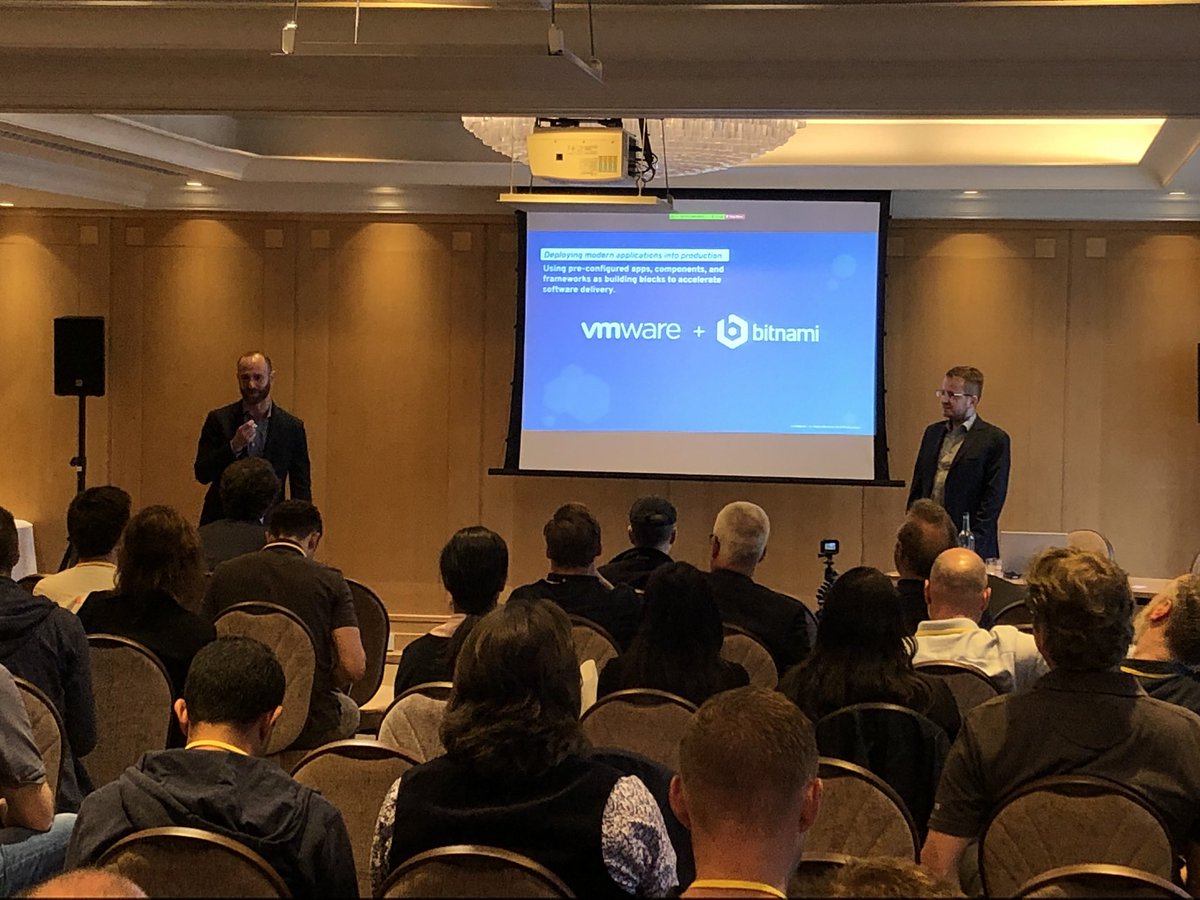 edhoppitt's tweet photo. The final content session of the EMEA #ModernAppsEvent - we welcome @bitnami to stage as they pass their 72hrs mark working for @VMware, supporting our Modern Apps strategy. Kudos to @virtualmilin and team for bringing an awesome asset into our family. https://t.co/V8zuYgtjVz