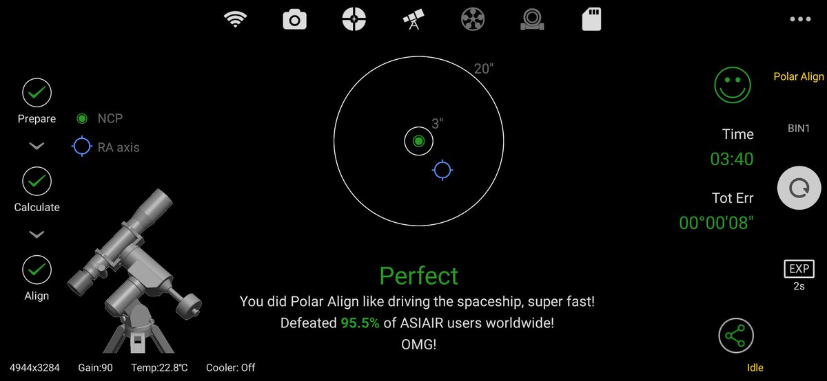 zwoastro's tweet image. 🌜🙃🌛#PolarAlign known as #PA in #ASIAIR is almost done! Just take a look at the testing result by one of our marketing mates.🥳(not the final UI, maybe a little adjustment more, how do you think about it?)