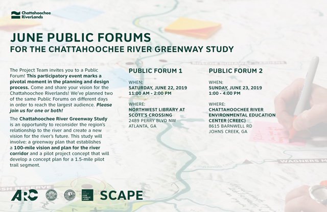 The Chattahoochee Riverlands team invites you to a Public Forum! Free and open to the public June 22nd and 23rd: eventbrite.com/e/june-public-…