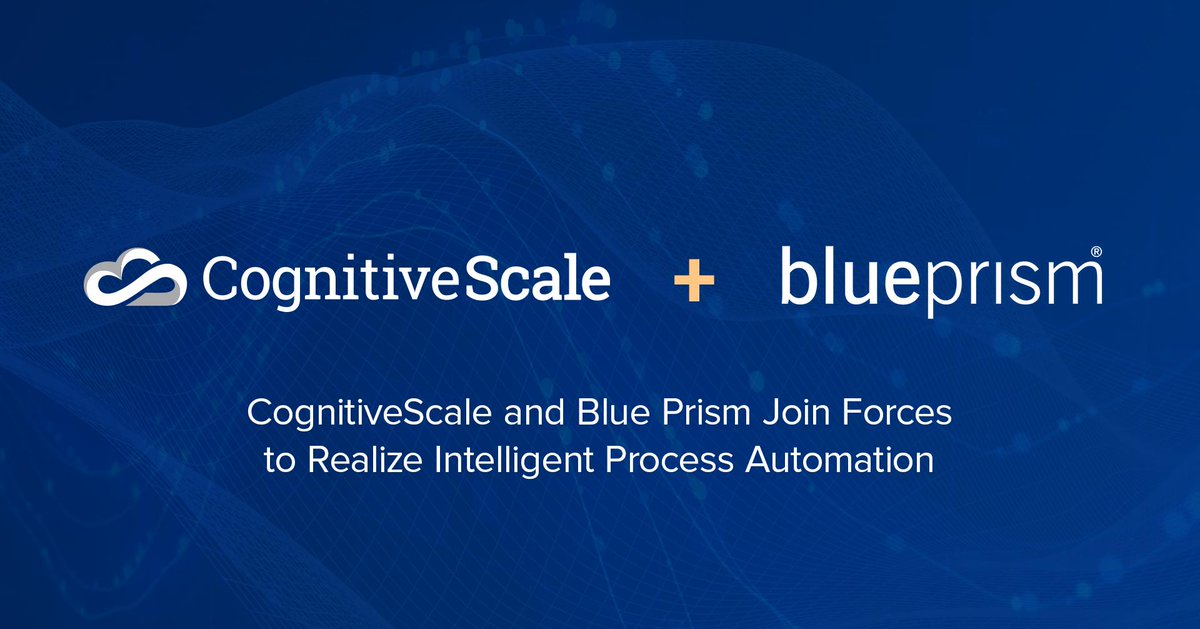 CognitiveScale's tweet photo. We are thrilled to announce our partnership with @blue_prism to bring the power of open, scalable, and trusted AI to RPA, driving #IntelligentProcessAutomation (IPA) forward. #AI + #RPA = #IPA. Learn more about our partnership now! https://t.co/DFejZkPUqi https://t.co/LUtbqolqnP