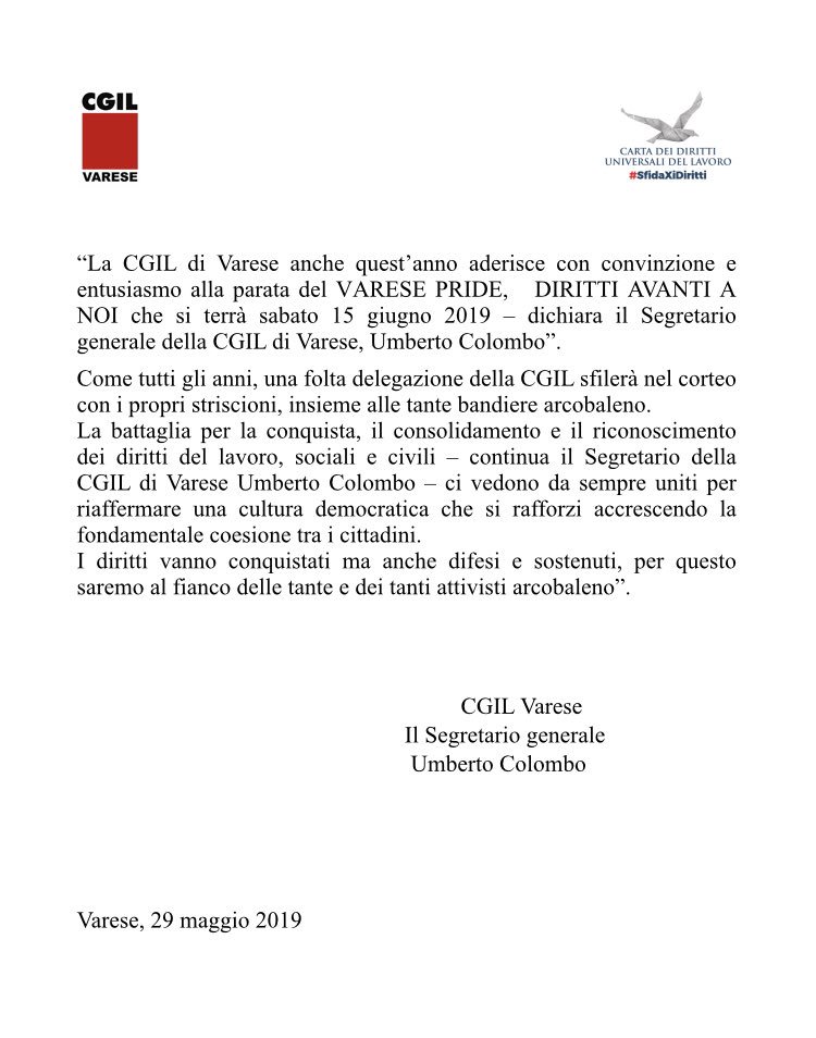 La dichiarazione del Sg della Cgil Varese Umberto Colombo su Varese Pride