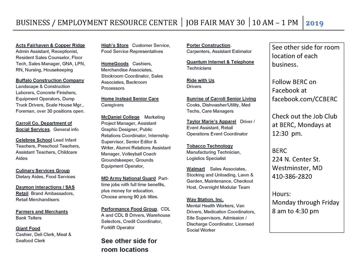 carroll_works's tweet photo. Get ready for the BERC Job Fair, tomorrow, Thu, May 30, at 10 am. Check out the participating businesses and all of the available job openings. Lots of great jobs for job seekers in Carroll County Maryland. Link: https://t.co/hUdZgGSTjE or call 410-386-2820 for info.

#jobfair https://t.co/0t0HaIVu0E