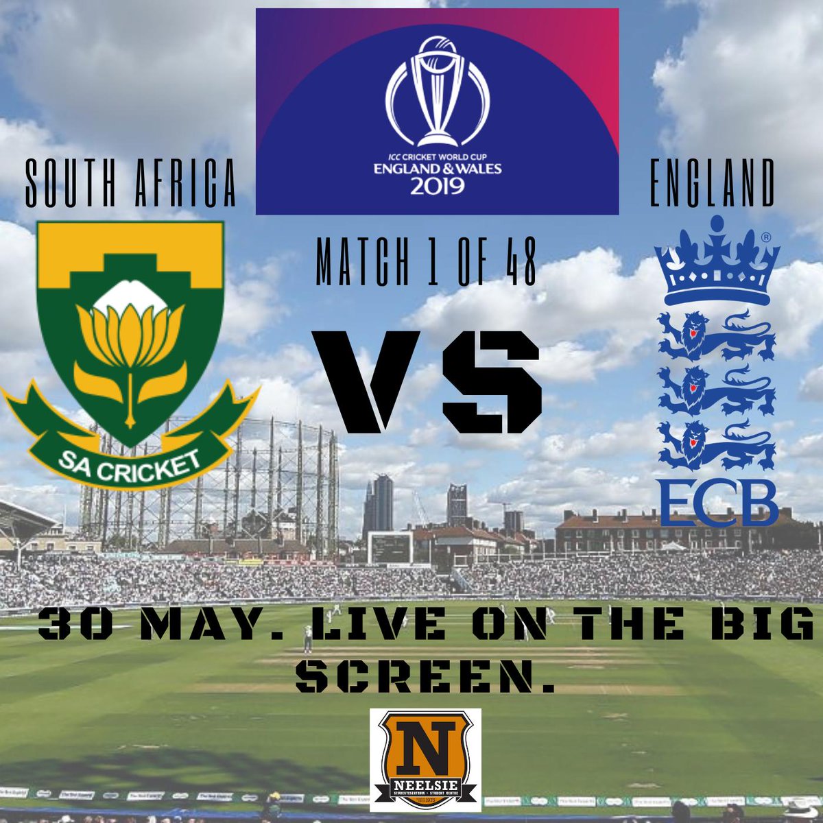 It is the start of the 2019 Cricket World Cup tomorrow and we at the Neelsie got you covered! Come watch the first game live tomorrow on the Neelsie Big Screen when our boys take on co-host England at 11:30. See you there!