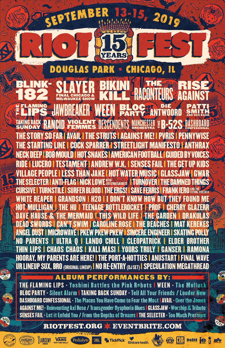 Blind tillid ål Synes godt om Riot Fest on Twitter: "The Riot Fest 15th Anniversary lineup is here.  September 13-15 at Douglas Park, Chicago. Tickets ON SALE NOW.  https://t.co/JnL4F0OgmV https://t.co/oyqeTpZsQd" / Twitter
