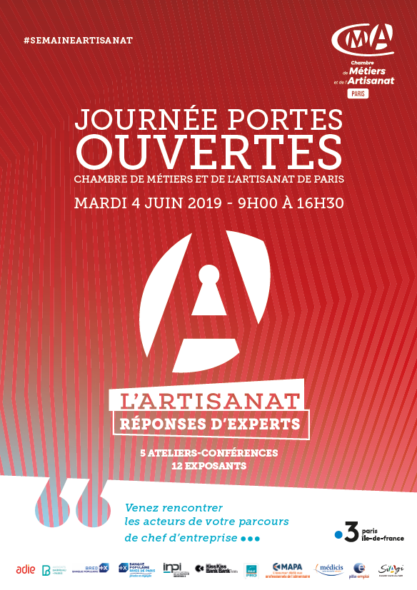 #SNA2019 Le 4 juin @CMA_Paris vous attend pour sa #JournéePortesOuvertes 
Venez rencontrer nos partenaires @BP_RivesParis @BRED_BP @Kissbankers @Adieorg @MAAFAssurances @pole_emploi @Avocats_Paris @MAPA_Assurances @INPIFrance #Médicis #Siagi
📝bit.ly/2LYYeR8