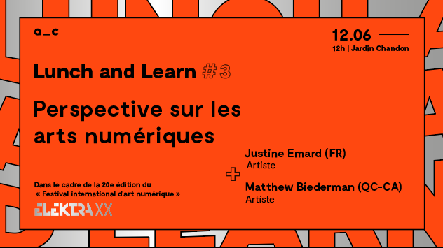 elektramontreal's tweet photo. Matthew Biederman (QC-CA) and @JustineEmard (FR) will discuss the challenges of a career in digital art and the different practices involved during the Lunch and Learn #3 of Aire Commune.
June 12 - 12pm
Aire Commune
#matthewbiederman #justineemard #airecommune #elektra2019 https://t.co/xyfld6BlpL