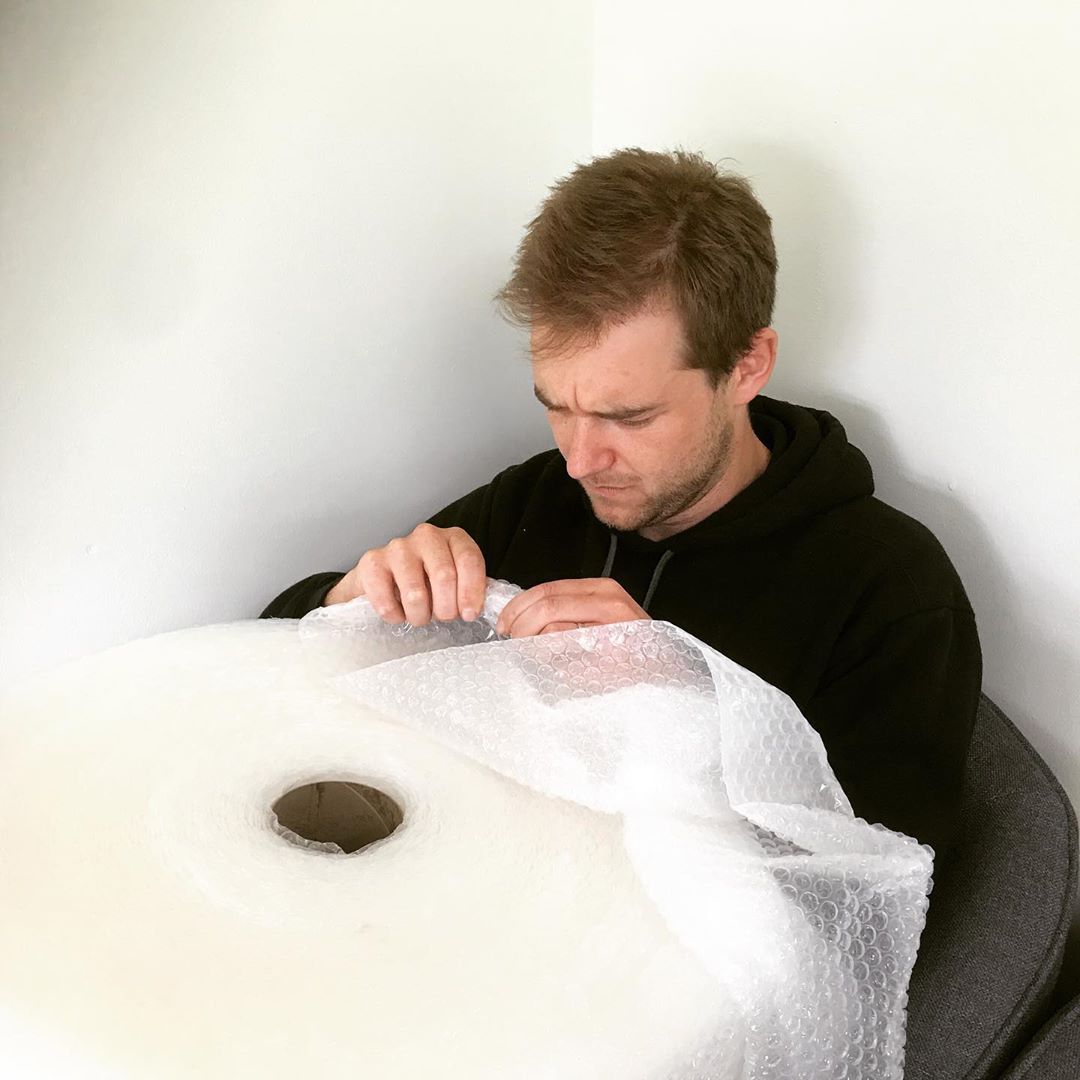 tick_tech's tweet photo. I asked Pete where he wanted the bubble wrap. He said “pop it in the corner”. This is going to take me hours. #bubblewrap #workbants #ticktech #isitfiveyet #wasteoftime https://t.co/ES1TXzO3cg