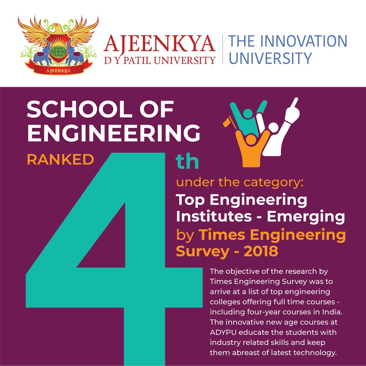 adypuniversity's tweet photo. Ajeenkya DY Patil University, School of Engineering ranked 4th under the category - Top Engineering Institutes Emerging by Times Engineering Survey - 2018.
#ADYPU #SOE #4thRank #top #enginerring #institutes #Times survey 2018 #innovation #university #coolestuniversity #Pune https://t.co/heWmj8lAZ9