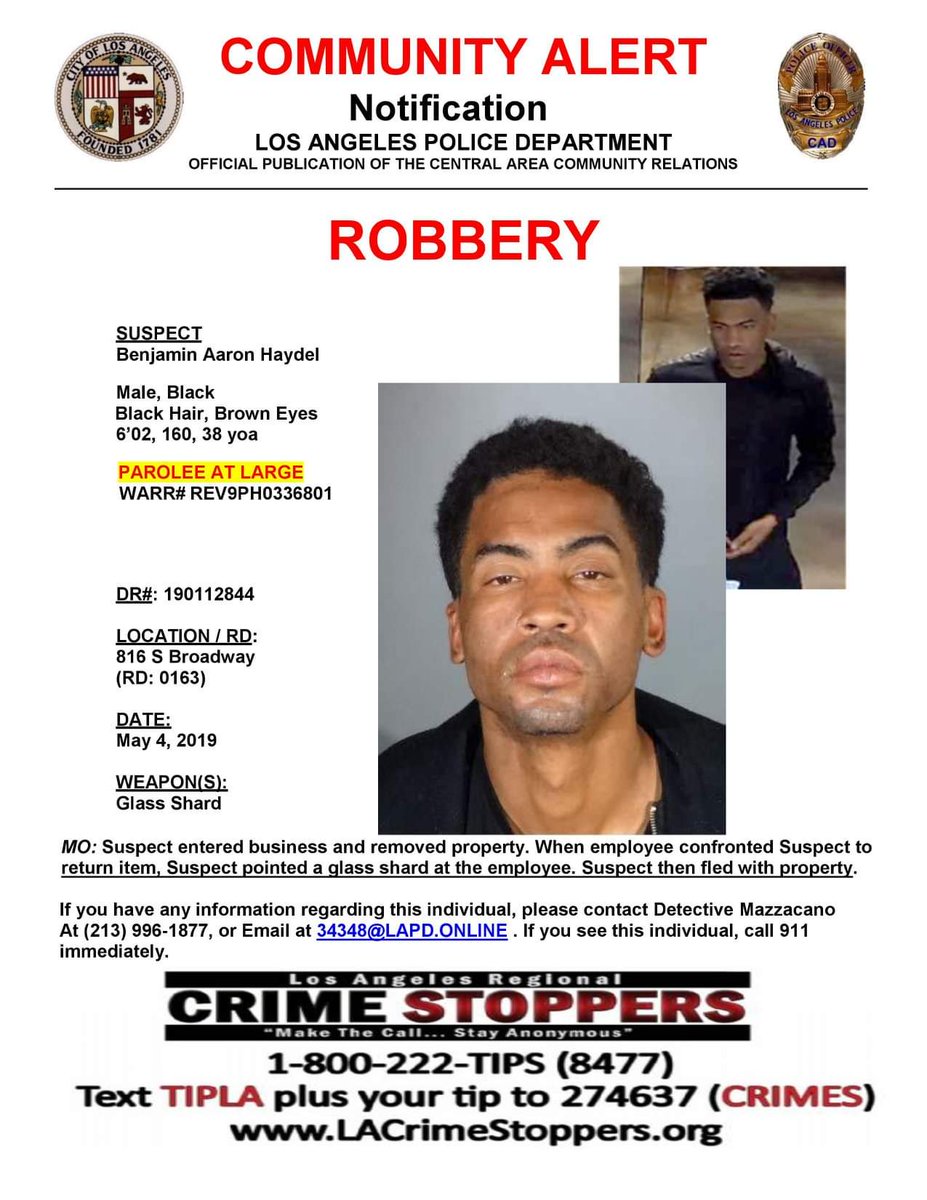 Central Area Detectives are seeking the Public's assistance in locating the below individual. If you have any information, please contact Detective Mazzacano. If you see him, call 911 immediately. <a href="/LAPDTSHarrelson/">Assistant Chief T. Scott Harrelson</a> @LAPD_CPTSpell @LAPD_ARCOS <a href="/LAPDMarcReina/">Deputy Chief Marc Reina, MSL</a> <a href="/CityAttorneyLA/">L.A. City Attorney Hydee Feldstein Soto</a>