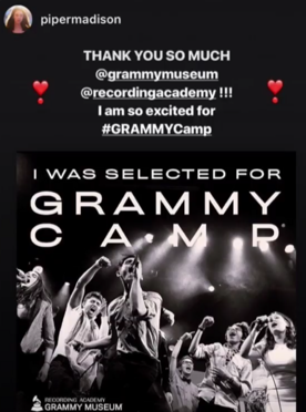 AfterthoughtsFm's tweet photo. Whoa – so awesome - congrats to our own @PiperMadison! #grammycamp @grammymuseum @RecordingAcad https://t.co/45IVlIuIJS