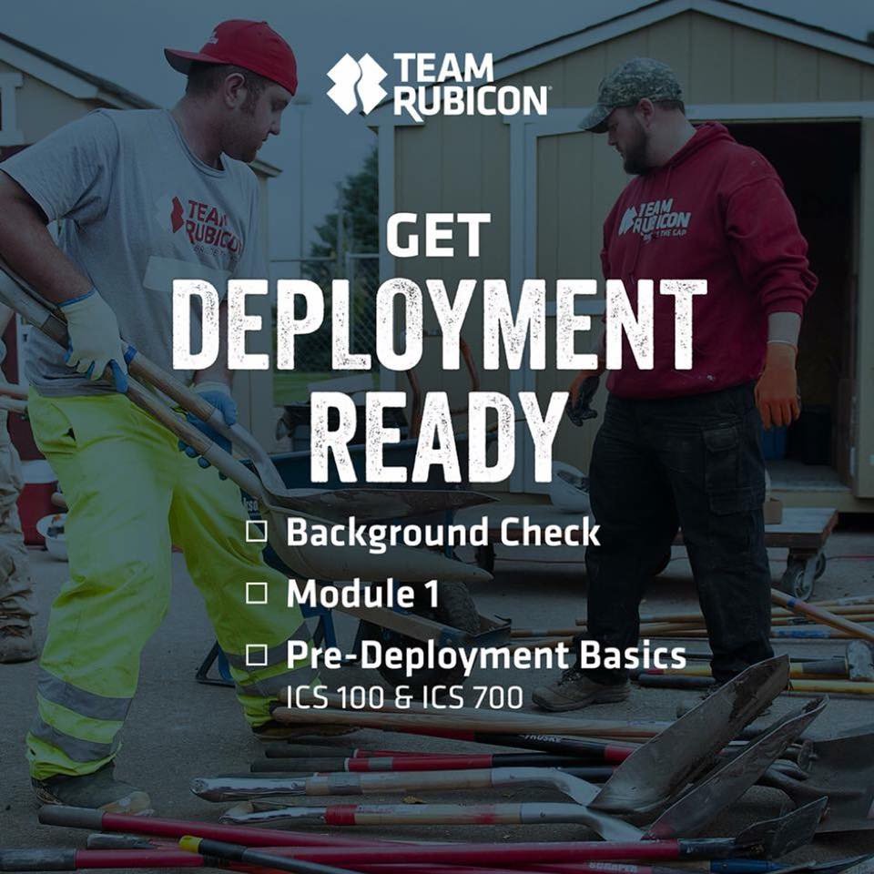 TeamRubicon's tweet photo. When disasters strike, will you be deployment ready? Current and new #Greyshirts can complete their Pre-Deployment Basics by logging in at https://t.co/w8OeUVrq6A. https://t.co/Im4LIe61HL