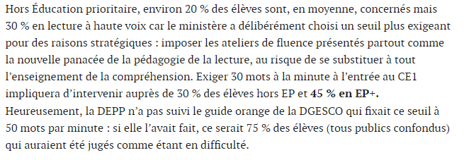 2vanssay's tweet photo. Pour la la fluence en CP le ministre fixe quand même l’objectif d’une lecture d’au moins 50 mots à la minute en fin de CP... ce qui met 75% des élèves dans la catégorie "en difficulté" ! Cf ce que dit très clairement @rgoigoux ici : https://t.co/QFoEuKC29C
#CirculaireRentrée https://t.co/7bE31VirFf
