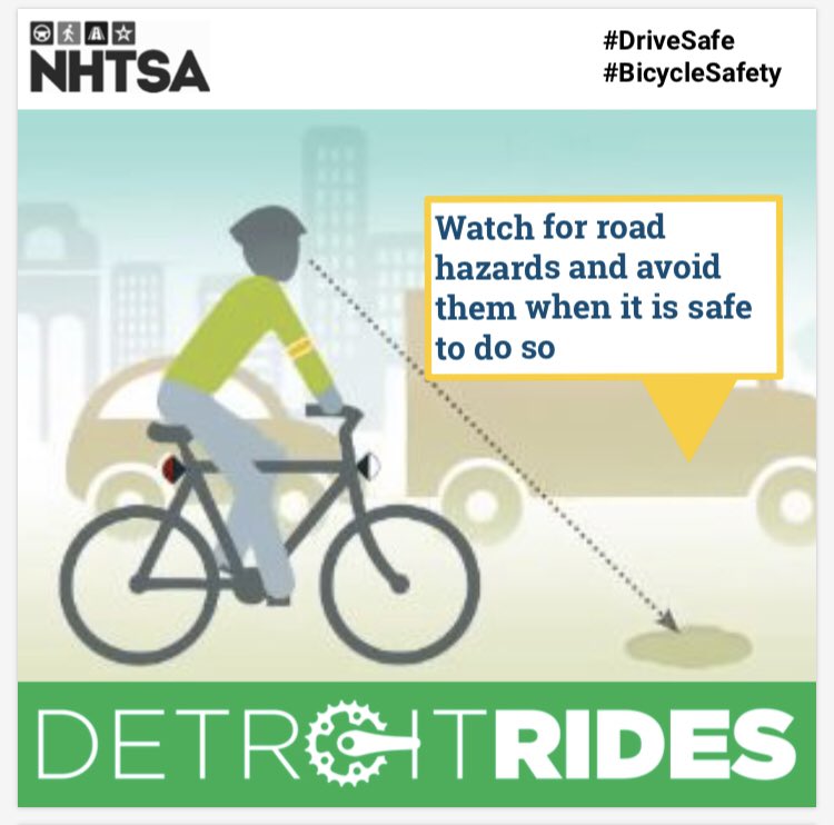LetsMoveDetroit's tweet photo. Safety tip: Watch for road hazards and avoid them when it is safe to do so #bikesafe #bikemonth #bikedetroit #detroitrides #letsmovedetroit #bicyclesafety #drivesafe https://t.co/SPtK5wDBnm