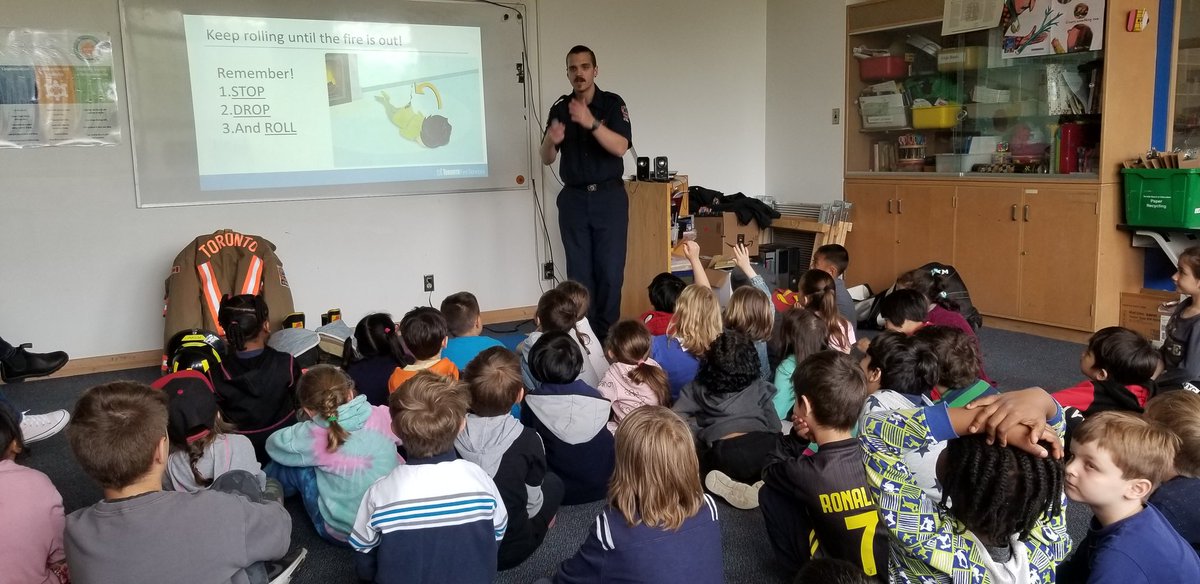Tdsb_WestPrep's tweet photo. Our friends from @Toronto_Fire came to visit us and share some very important information. #StayLowAndGo #FireSafety #MsGilbert https://t.co/JuHY6TyqdC