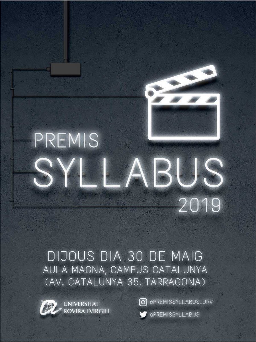 ElDebatURV's tweet photo. 🔵PREMIS SYLLABUS

Els companys de Comunicació Audiovisual us presenten els @PremisSyllabus, demà a les 17:30h a l'Aula Magna!

Hi veureu els curts que han estat preparant aquests mesos amb moltes ganes. No hi podeu faltar!

#Tarragona #PremisSyllabus #URV https://t.co/9oRlFEaPF0
